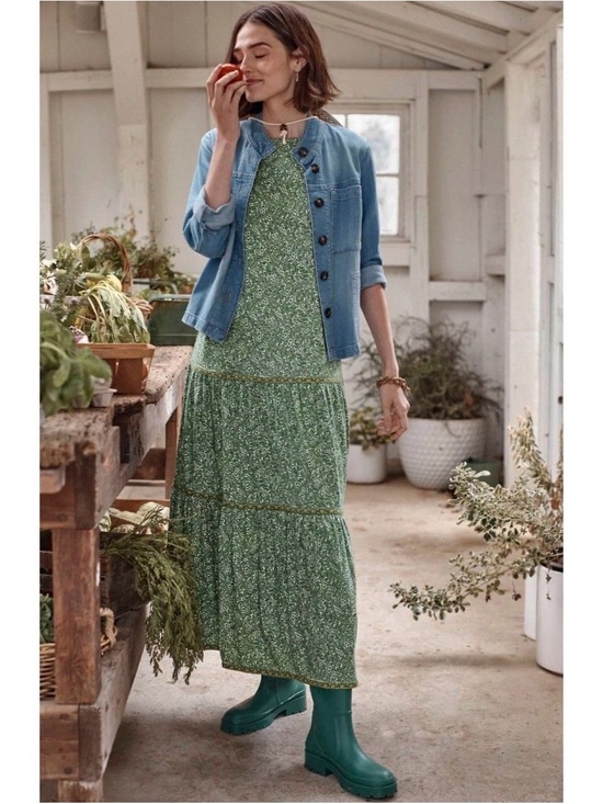 J. Jill Dresses & Skirts - J.Jill Tiered Floral Green Maxi Dress Size 3X Soft Knit Cottagecore Boho Flowy